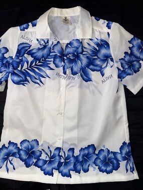 80s Hawaiian White & Blue Aloha Floral Button-Down Shirt